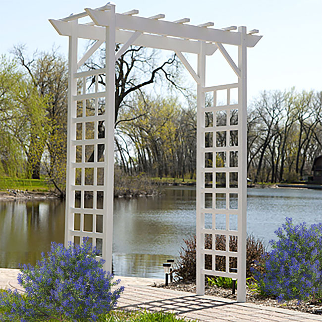 A close-up of the Vinyl Lattice Arbor's intricate lattice design, perfect for supporting climbing plants and flowers. The clean, modern white finish adds a classic touch to any garden or outdoor space